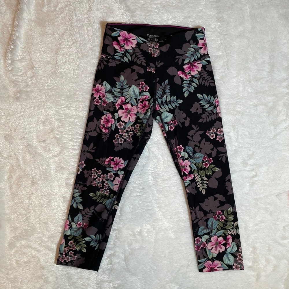 Calvin Klein Performance Floral Cropped Leggings Black Pink Womens Small WICK
